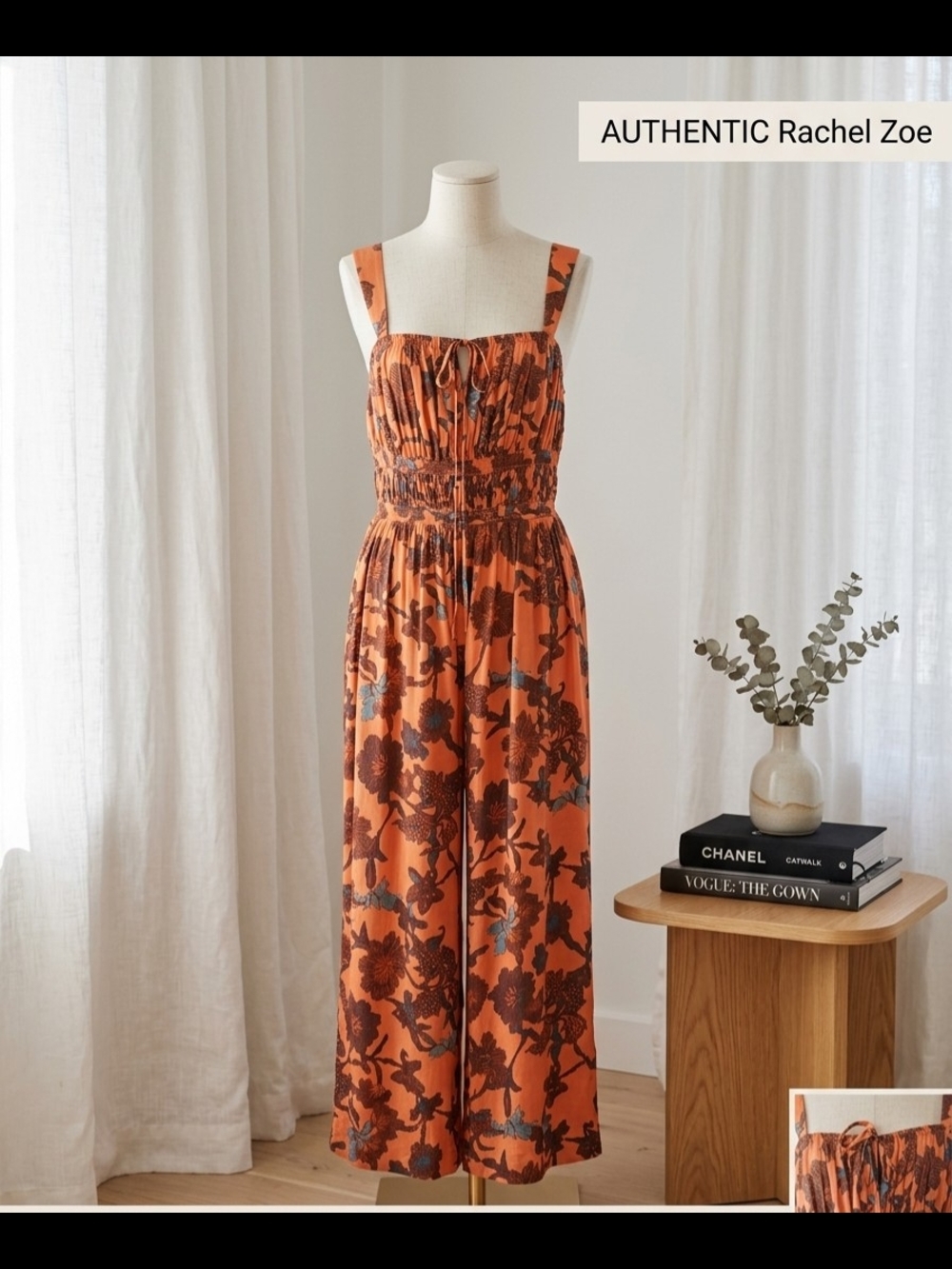 Rachel Zoe Burnt Orange Floral Wide-Leg Smocked Jumpsuit